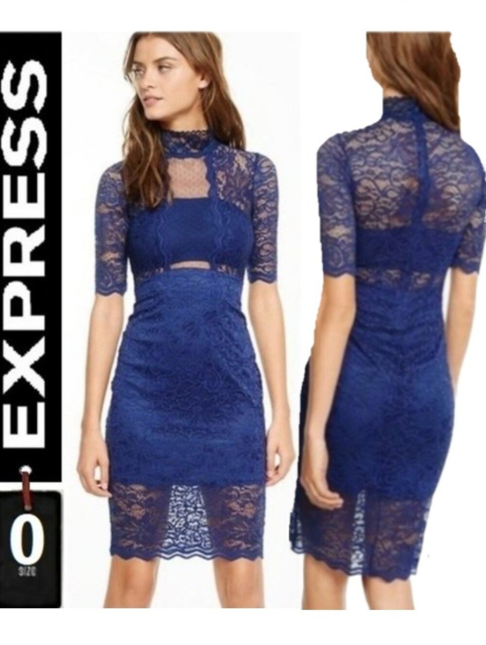Express lace sheath mock neck dress, size 0, navy blue, short sleeve